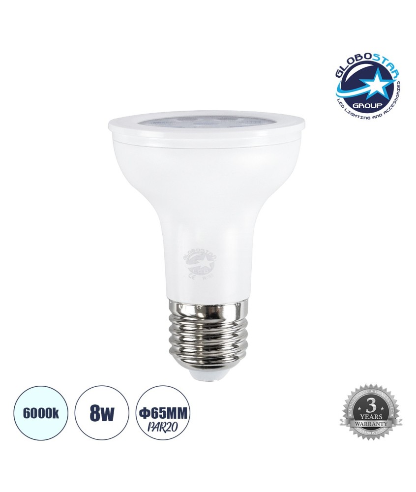 GloboStar® 60081 Λάμπα LED E27 PAR20 8W 800lm 90° AC 220-240V IP20 Φ6.5 x Υ8.5cm Ψυχρό Λευκό 6000K - 3 Χρόνια Εγγύηση